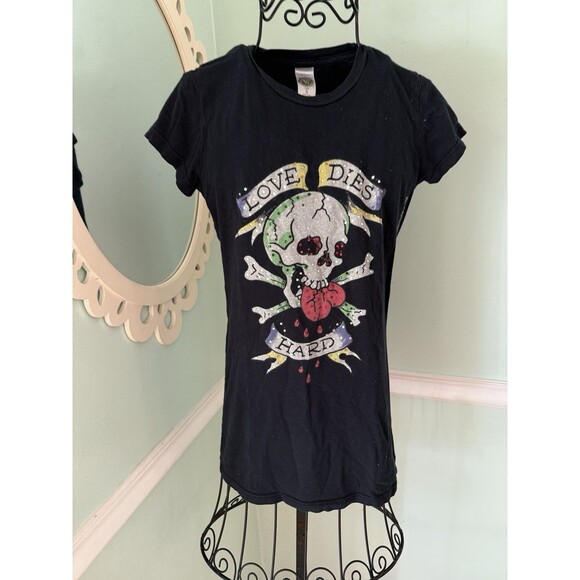 Ed Hardy Tops - Ed Hardy Y2K 2000s Rhinestone Skull Bling Black women’s T-Shirt Love Dies Hard S